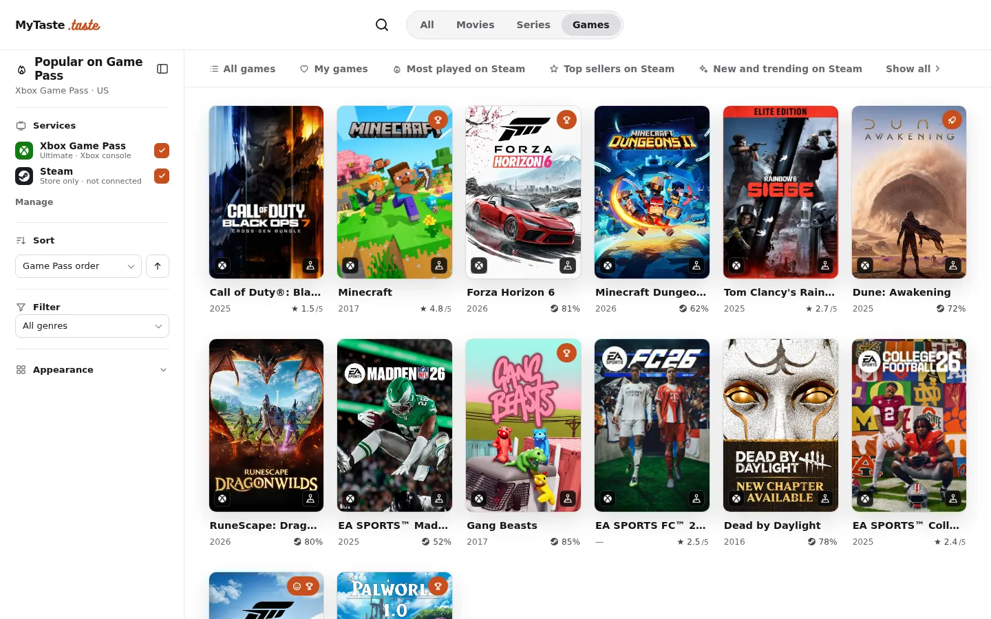 The games view with Game Pass titles