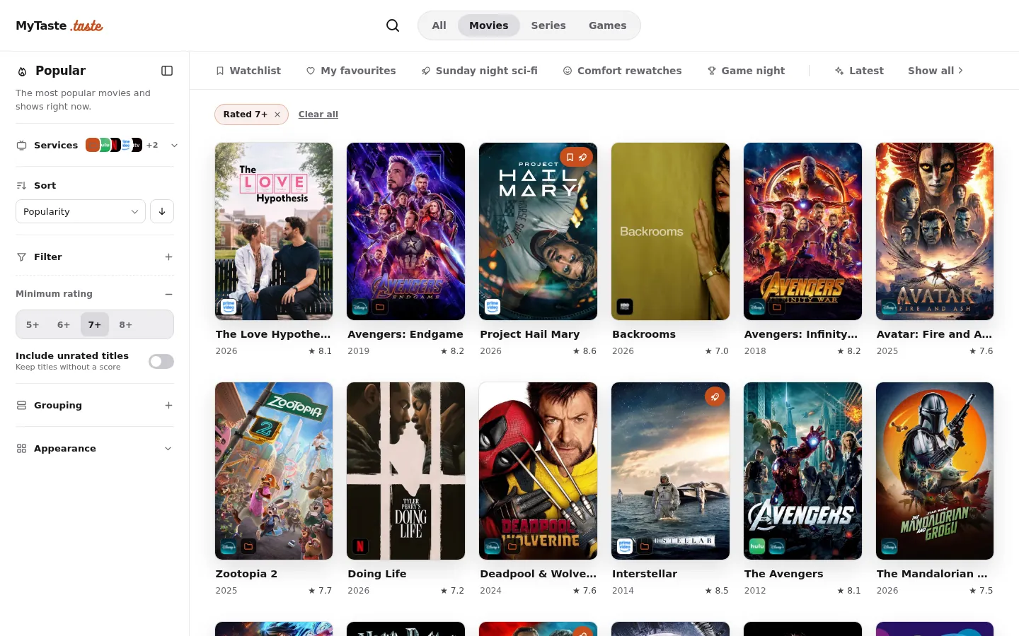 MyTaste home page: a poster grid of movies and series with a sidebar of collections and sources