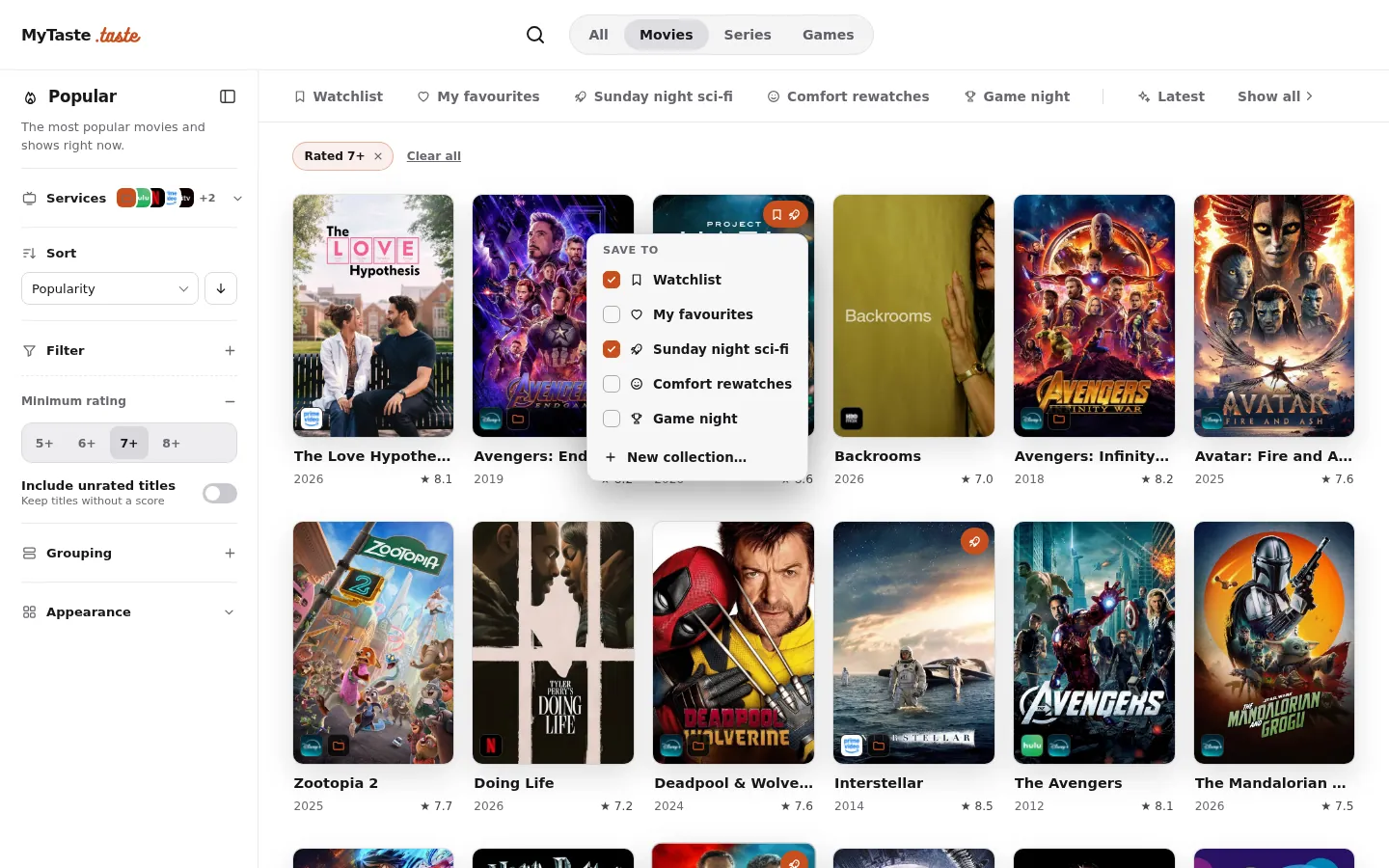 The save popover listing collections on a poster